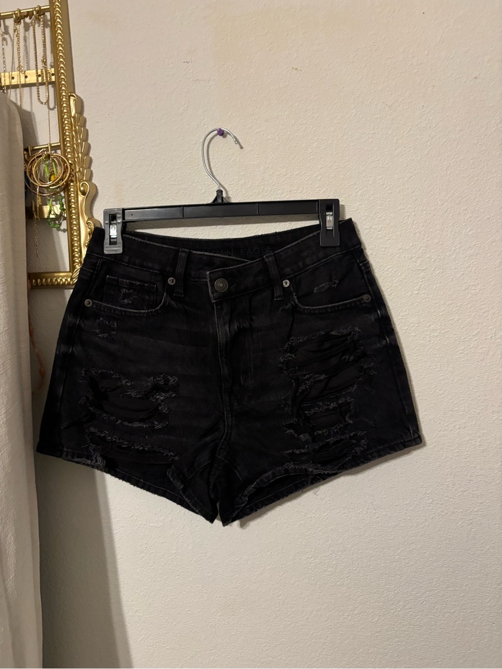 American Eagle Outfitters Black High-Waist Distressed Denim Shorts